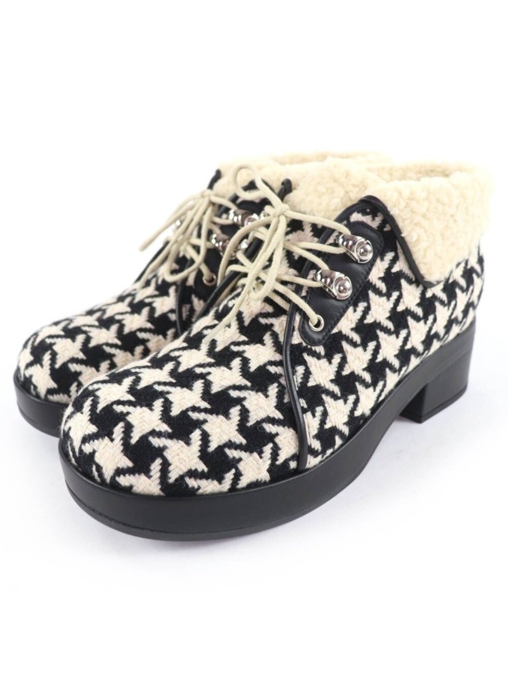 Gucci Houndstooth Leather Shearling Short Boots Black White 37